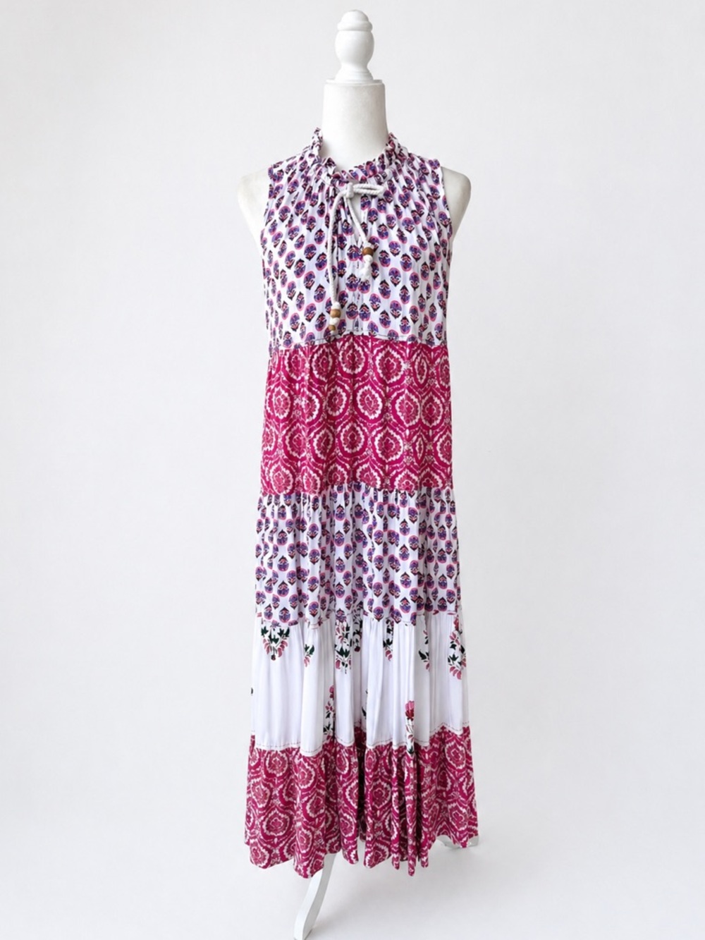 Chelsea & Theodore White and Pink Printed Tiered Maxi Dress